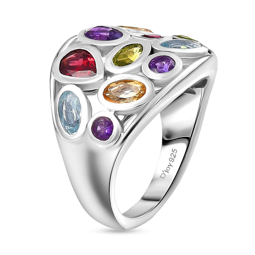 D'Joy African Amethyst & Multi Gemstones Cluster Ring in Rhodium Overlay Sterling Silver 3.38 Ct, Silver Wt. 5.80 Gms.