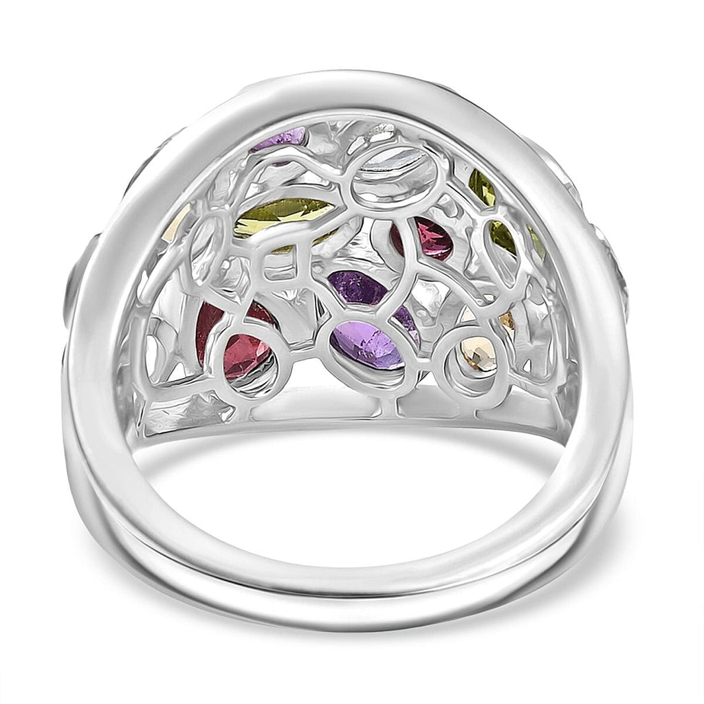 D'Joy African Amethyst & Multi Gemstones Cluster Ring in Rhodium Overlay Sterling Silver 3.38 Ct, Silver Wt. 5.80 Gms.