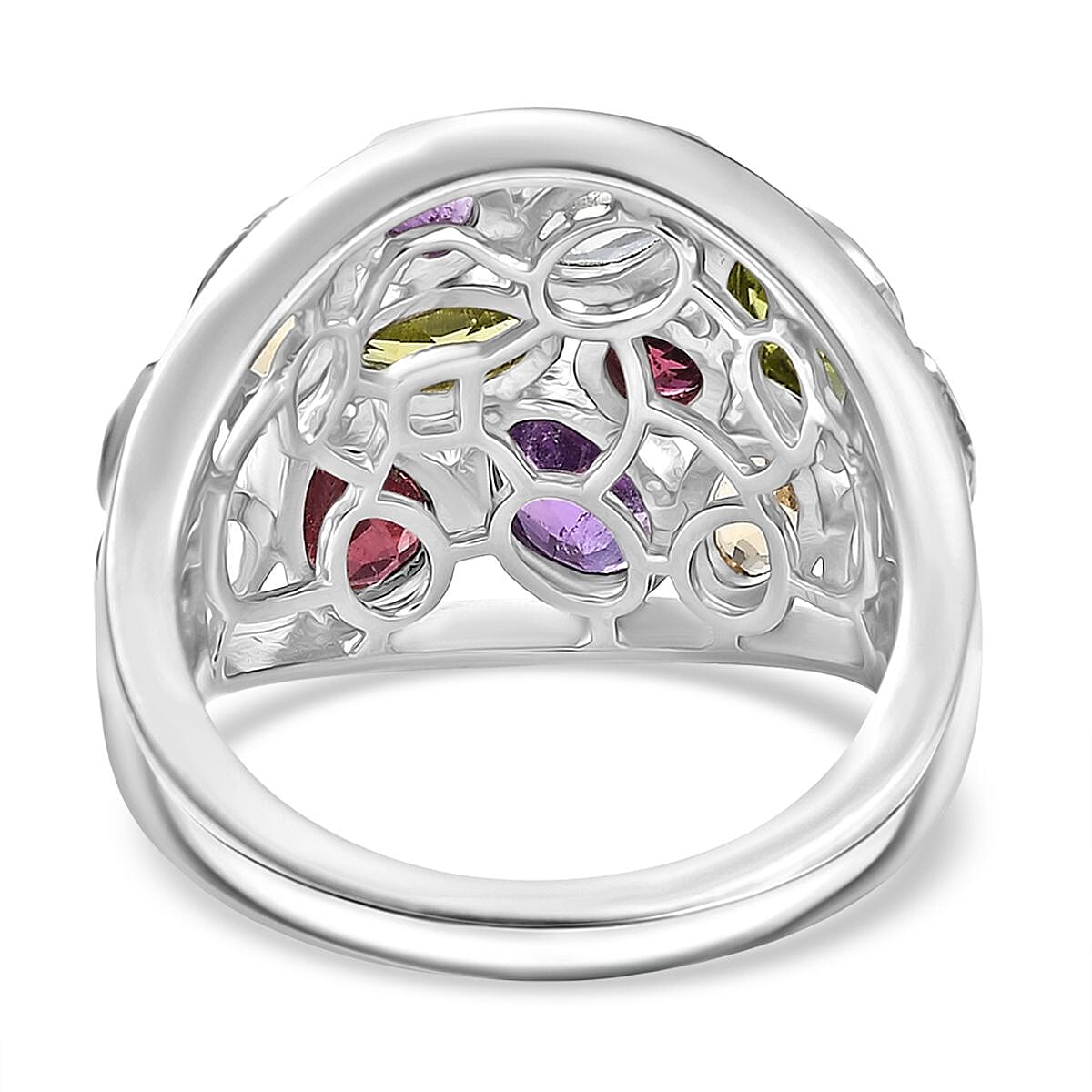 D'Joy African Amethyst &amp; Multi Gemstones Cluster Ring in Rhodium Overlay Sterling Silver 3.38 Ct, Silver Wt. 5.80 Gms. 8227068 5