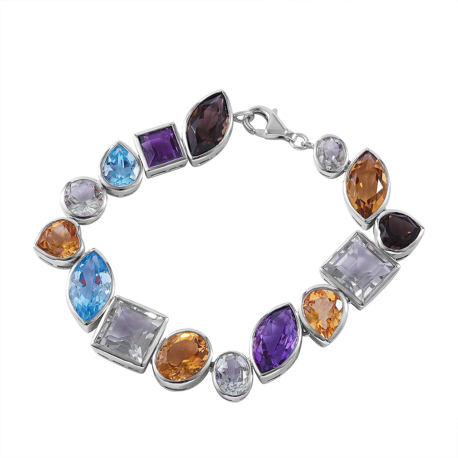 Citrine &amp; Multi Gemstone Bracelet (Size - 7.5) in Rhodium Overlay Sterling Silver 61.25 Ct, Silver Wt. 21.40 Gms 7676190 0