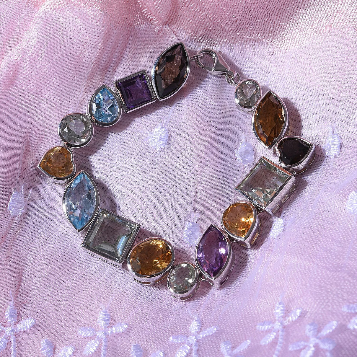 Citrine &amp; Multi Gemstone Bracelet (Size - 7.5) in Rhodium Overlay Sterling Silver 61.25 Ct, Silver Wt. 21.40 Gms 7676190 2