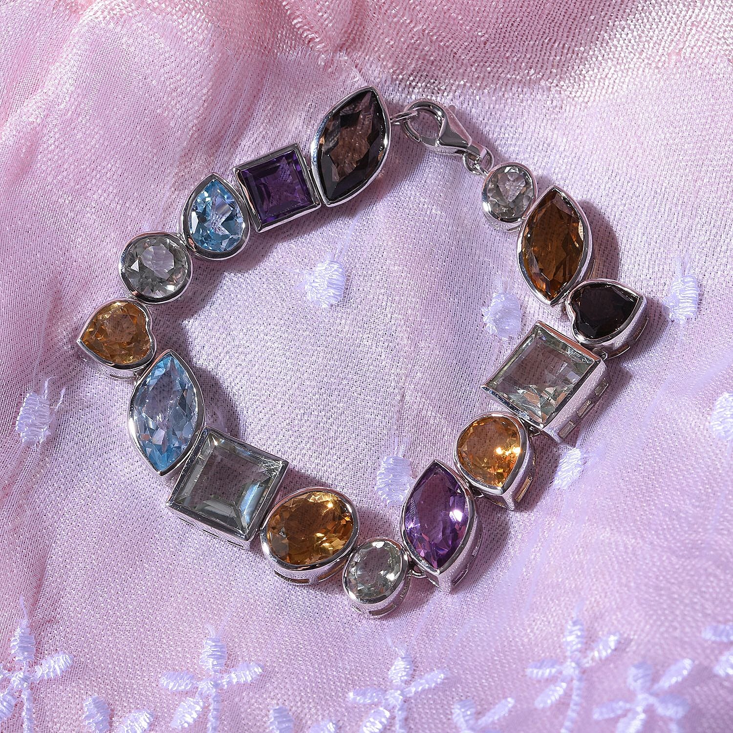 Citrine &amp; Multi Gemstone Bracelet (Size - 7.5) in Rhodium Overlay Sterling Silver 61.25 Ct, Silver Wt. 21.40 Gms 7676190 2