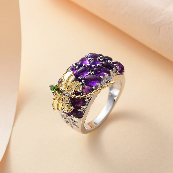GP Italian Garden Collection - Amethyst, Chrome Diopside and Zircon Libellula Ring in Rhodium Overlay and 18K Gold Vermeil Sterling Silver 7861527 2