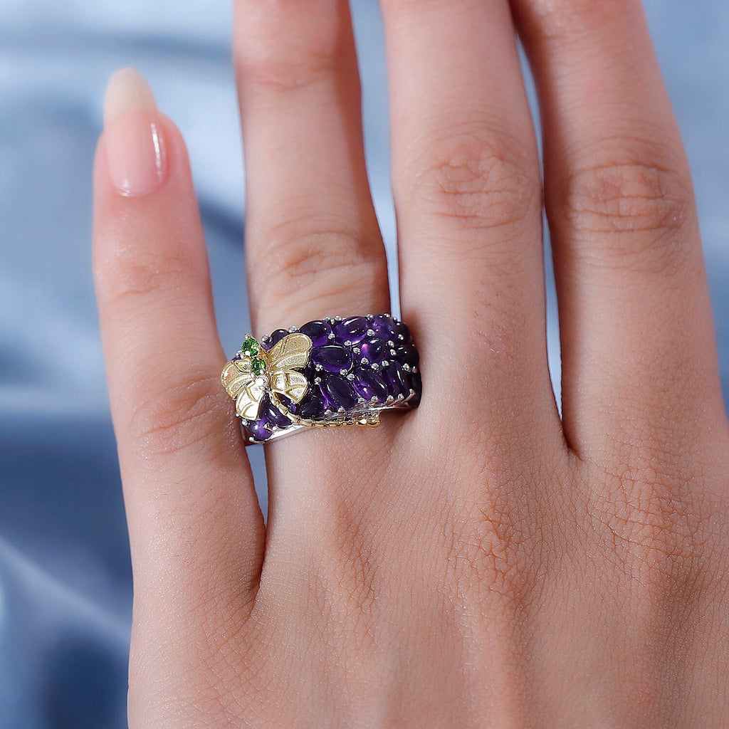 GP Italian Garden Collection - Amethsyt, Chrome Diopside & Zircon Libellula Ring in Rhodium Overlay & 18K Gold Vermeil Sterling Silver