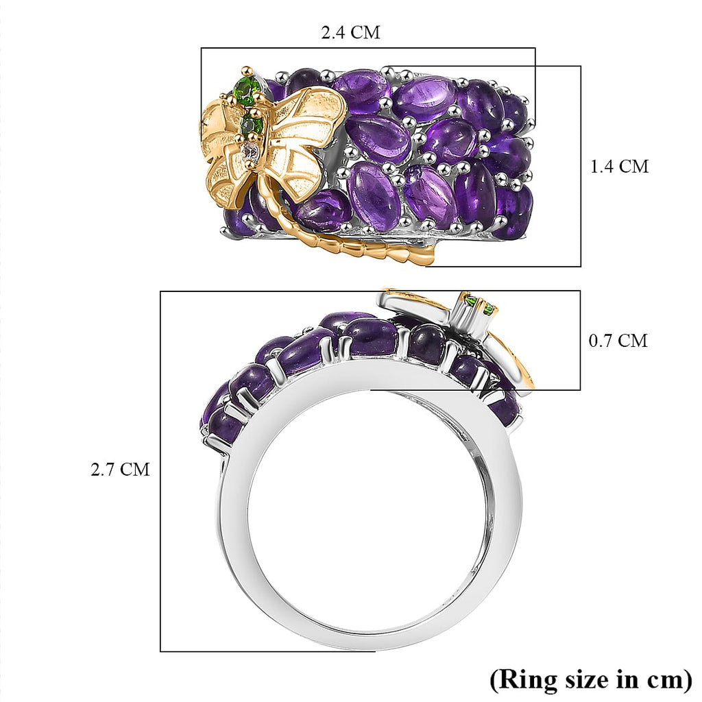 GP Italian Garden Collection - Amethsyt, Chrome Diopside & Zircon Libellula Ring in Rhodium Overlay & 18K Gold Vermeil Sterling Silver