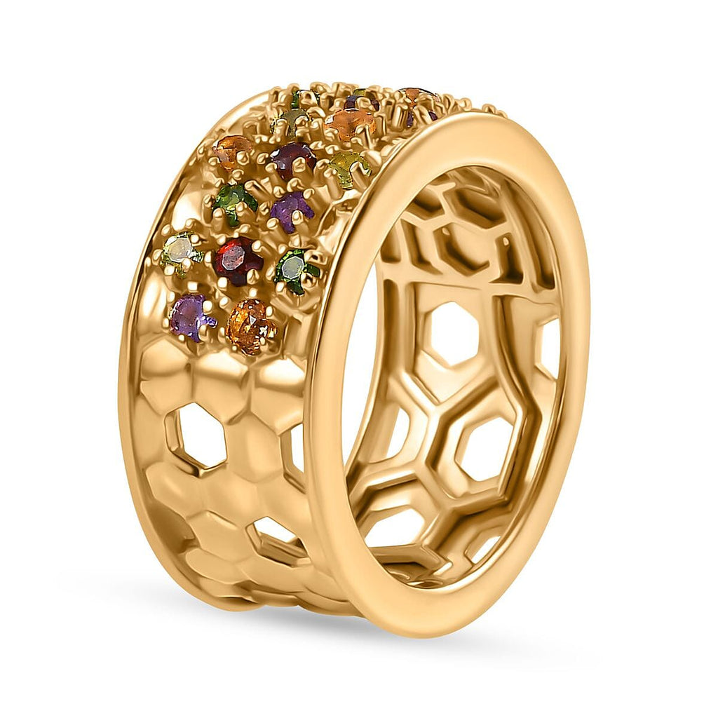 GP Honeycomb Collection - African Amethyst & Multi Gemstones Cluster Ring in 18K Vermeil Yellow Gold Plated Sterling Silver 1.12 Ct Silver Wt 8.00 Gms