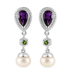 African Amethyst, Natural Chrome Diopside & Fresh Water Pearl  Dangling Earring with Push Back in Rhodium Overlay Sterling Silver 6.17 Ct.