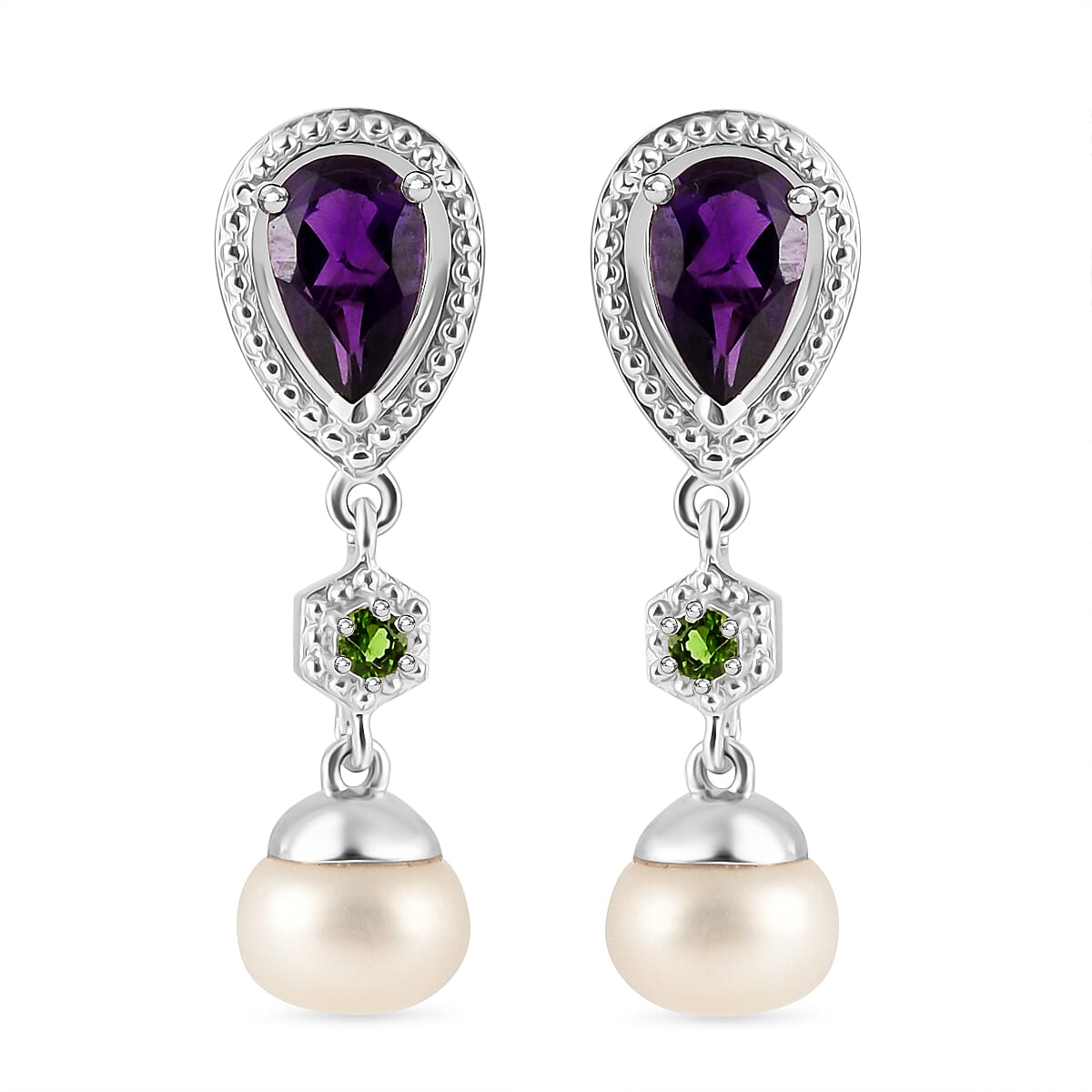 African Amethyst, Natural Chrome Diopside &amp; Fresh Water Pearl  Dangling Earring with Push Back in Rhodium Overlay Sterling Silver 6.17 Ct. 8046370 0