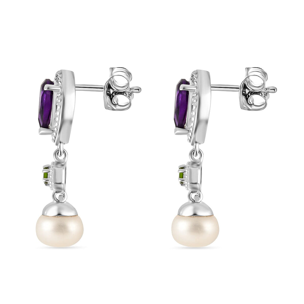 African Amethyst, Natural Chrome Diopside & Fresh Water Pearl  Dangling Earring with Push Back in Rhodium Overlay Sterling Silver 6.17 Ct.