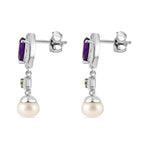 African Amethyst, Natural Chrome Diopside & Fresh Water Pearl  Dangling Earring with Push Back in Rhodium Overlay Sterling Silver 6.17 Ct.