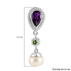 African Amethyst, Natural Chrome Diopside & Fresh Water Pearl  Dangling Earring with Push Back in Rhodium Overlay Sterling Silver 6.17 Ct.
