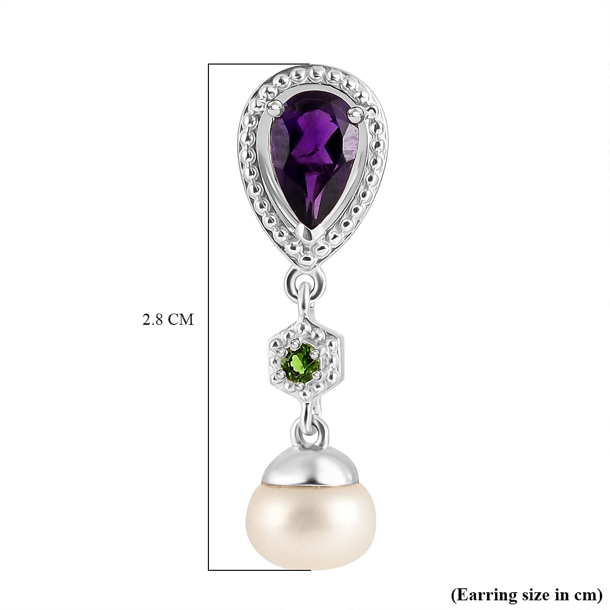 African Amethyst, Natural Chrome Diopside &amp; Fresh Water Pearl  Dangling Earring with Push Back in Rhodium Overlay Sterling Silver 6.17 Ct. 8046370 4