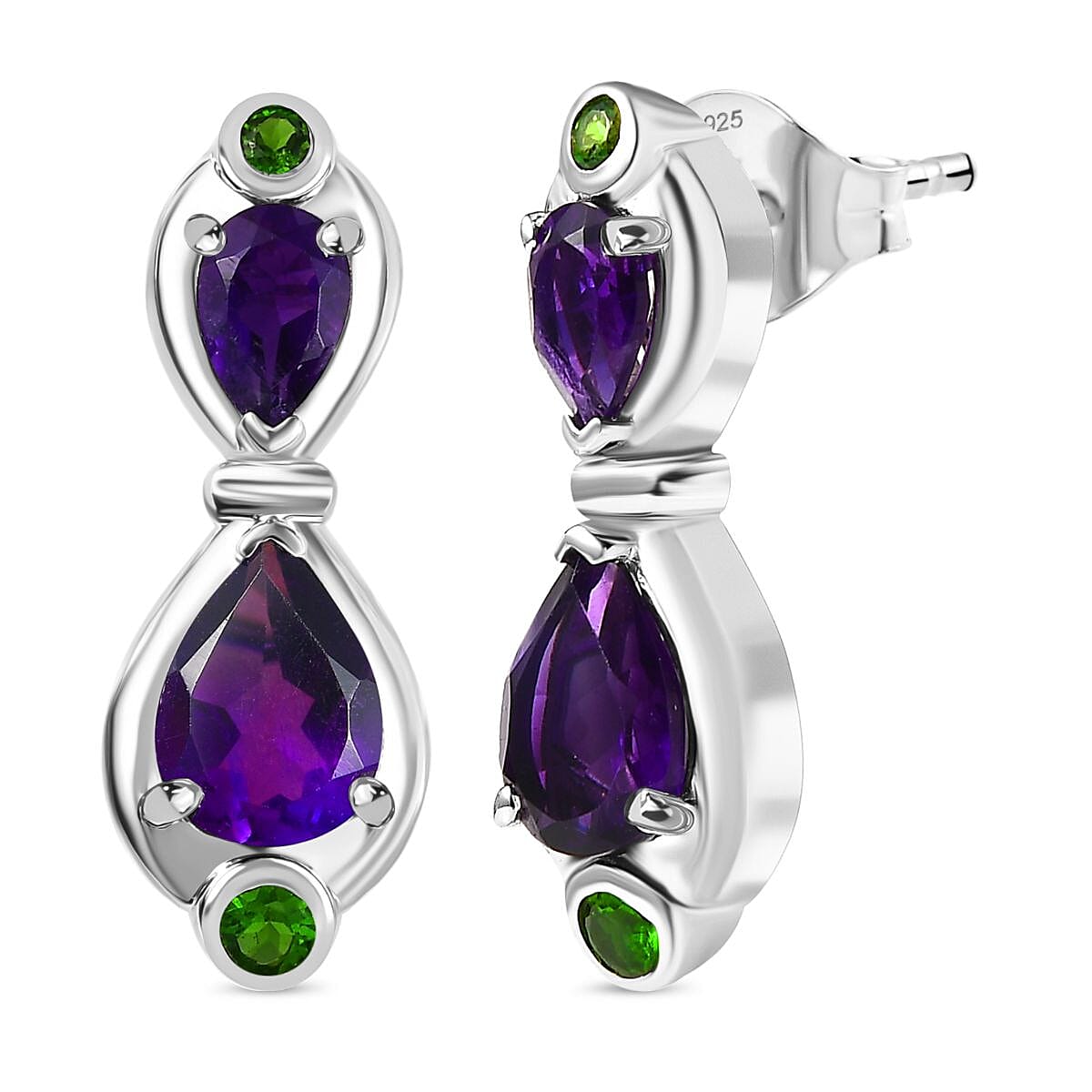 AAA African Amethyst &amp; Natural Chrome Diopside Solitaire Stud Push Post Earrings in Rhodium Overlay Sterling Silver 3.06 Ct. 8046564 0