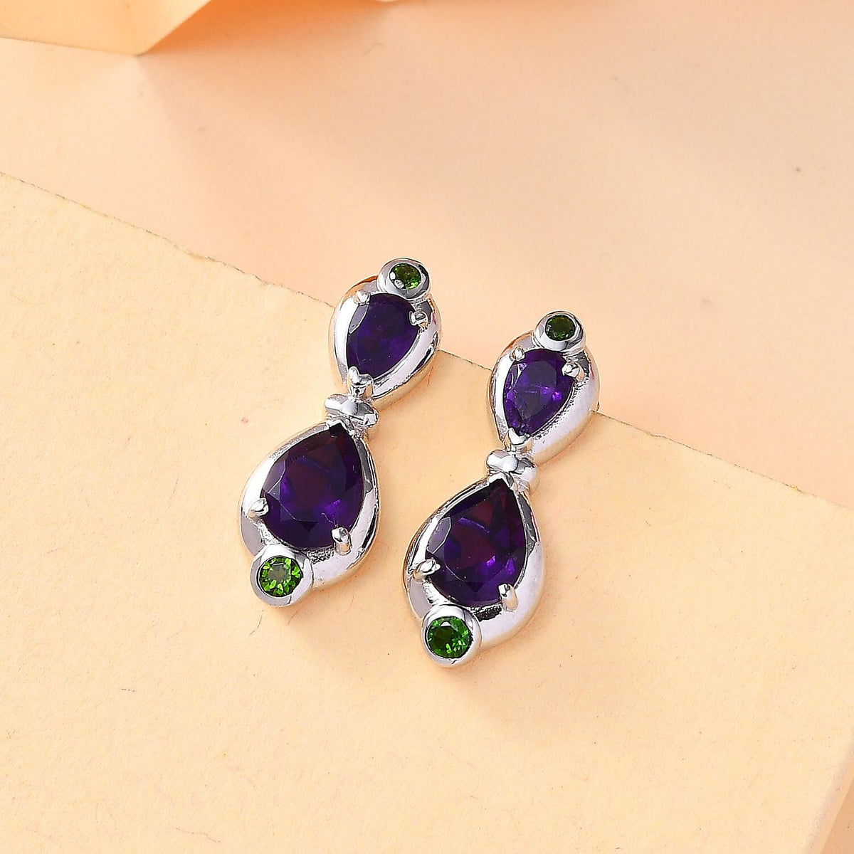 AAA African Amethyst &amp; Natural Chrome Diopside Solitaire Stud Push Post Earrings in Rhodium Overlay Sterling Silver 3.06 Ct. 8046564 2