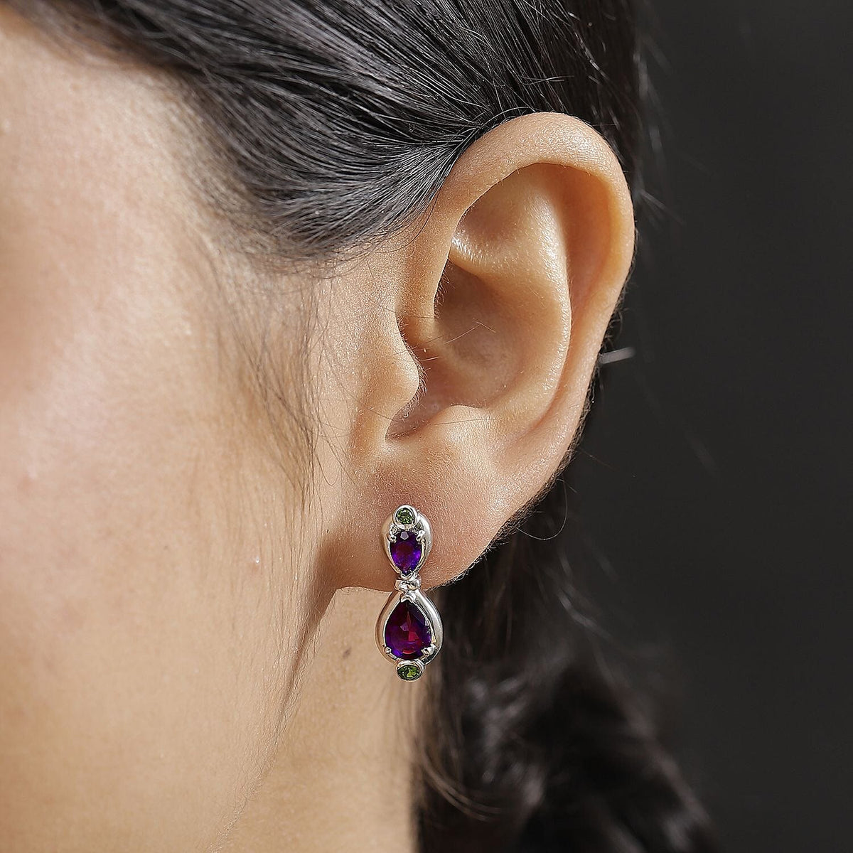 AAA African Amethyst &amp; Natural Chrome Diopside Solitaire Stud Push Post Earrings in Rhodium Overlay Sterling Silver 3.06 Ct. 8046564 3