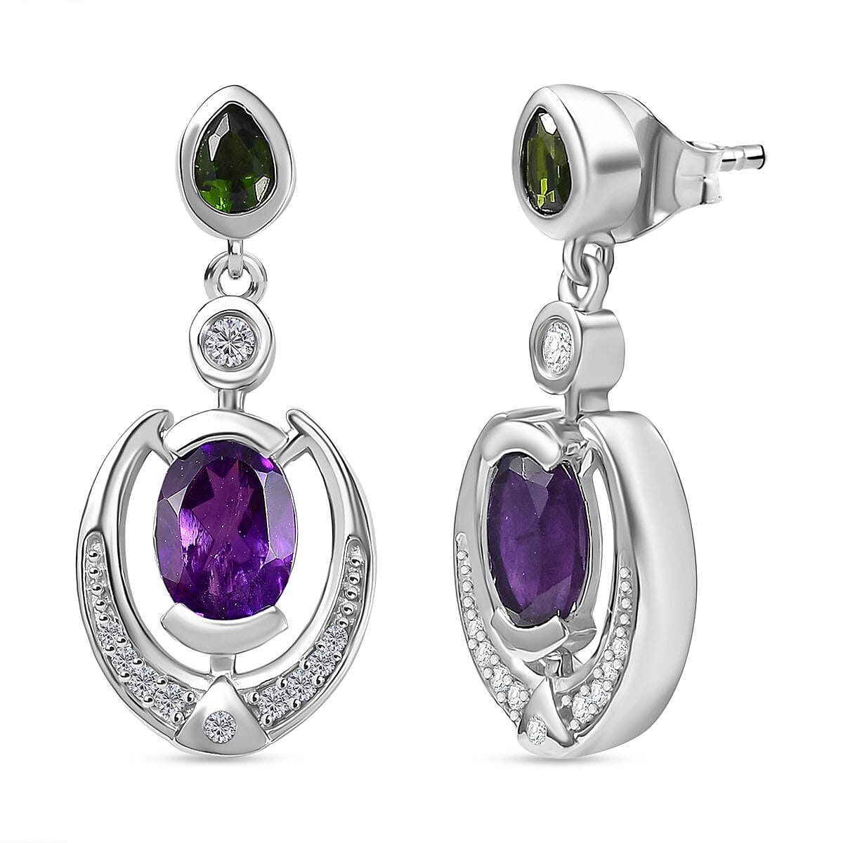 AAA African Amethyst, Natural Chrome Diopside &amp; White Zircon Dangling Push Back Earring in Rhodium Overlay Sterling Silver 3.28 Ct. 8047002 0
