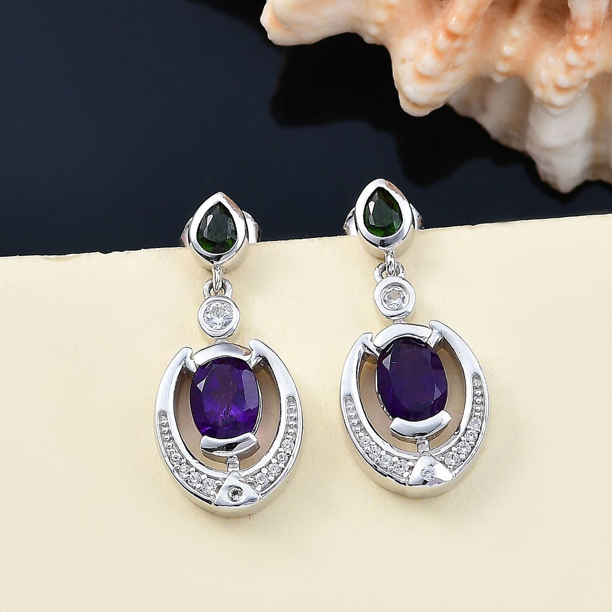 AAA African Amethyst, Natural Chrome Diopside &amp; White Zircon Dangling Push Back Earring in Rhodium Overlay Sterling Silver 3.28 Ct. 8047002 2