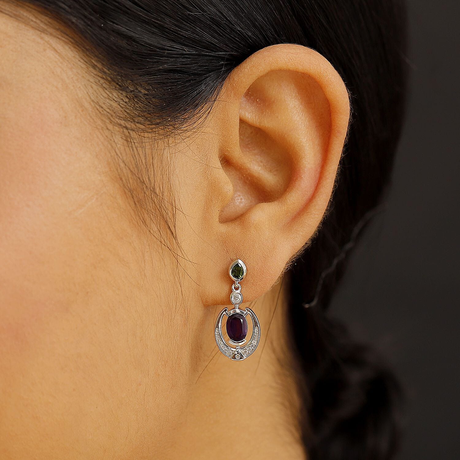 AAA African Amethyst, Natural Chrome Diopside &amp; White Zircon Dangling Push Back Earring in Rhodium Overlay Sterling Silver 3.28 Ct. 8047002 3