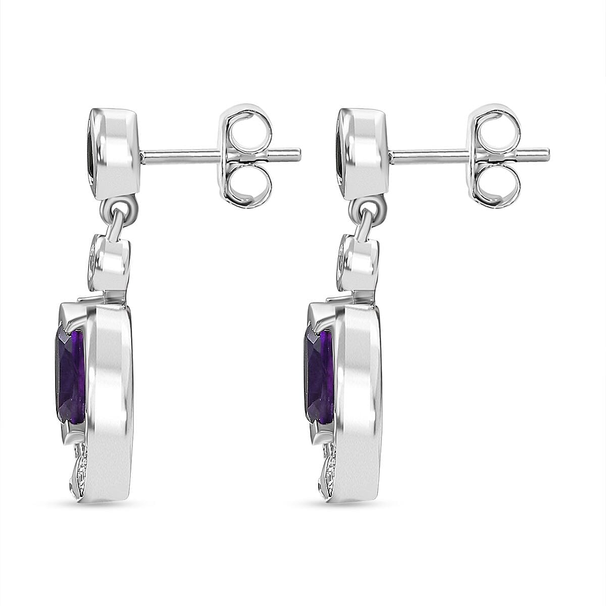 AAA African Amethyst, Natural Chrome Diopside &amp; White Zircon Dangling Push Back Earring in Rhodium Overlay Sterling Silver 3.28 Ct. 8047002 4