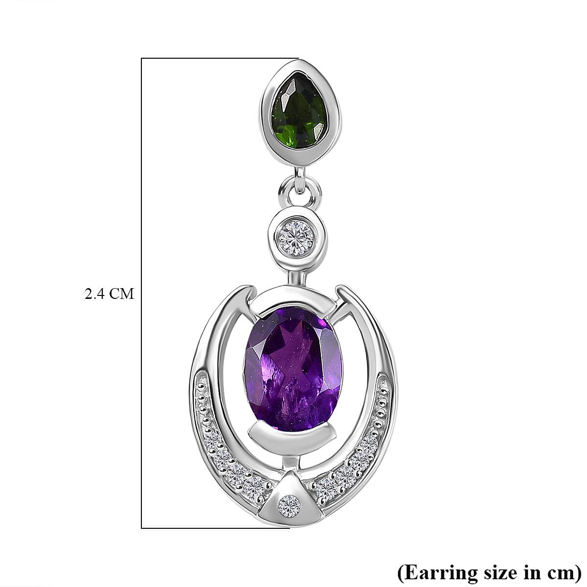 AAA African Amethyst, Natural Chrome Diopside &amp; White Zircon Dangling Push Back Earring in Rhodium Overlay Sterling Silver 3.28 Ct. 8047002 6