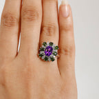 African Amethyst, Natural Chrome Diopside & White Zircon Ring in Rhodium Overlay Sterling Silver 3.71 Ct.