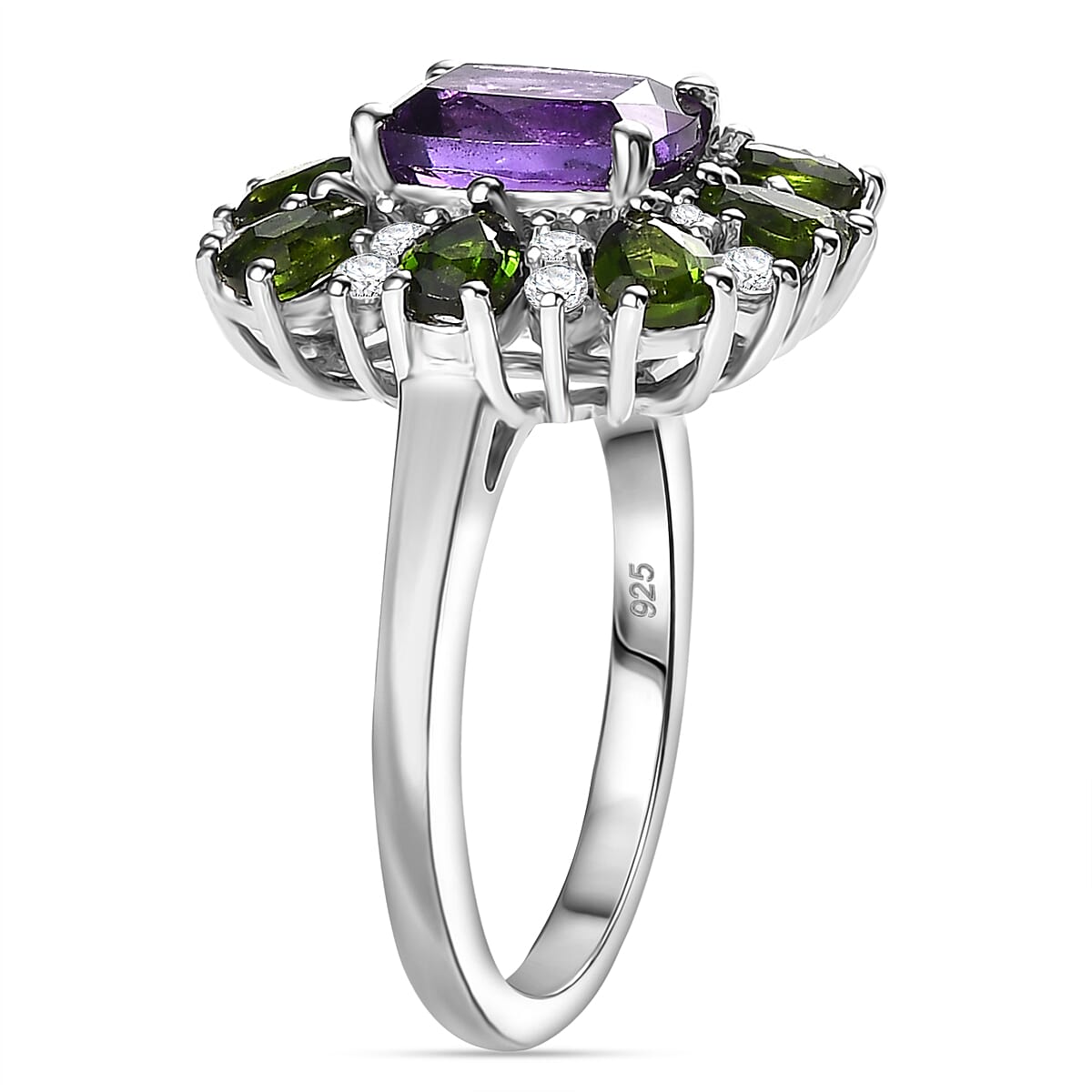 African Amethyst, Natural Chrome Diopside &amp; White Zircon Ring in Rhodium Overlay Sterling Silver 3.71 Ct. 8047809 4