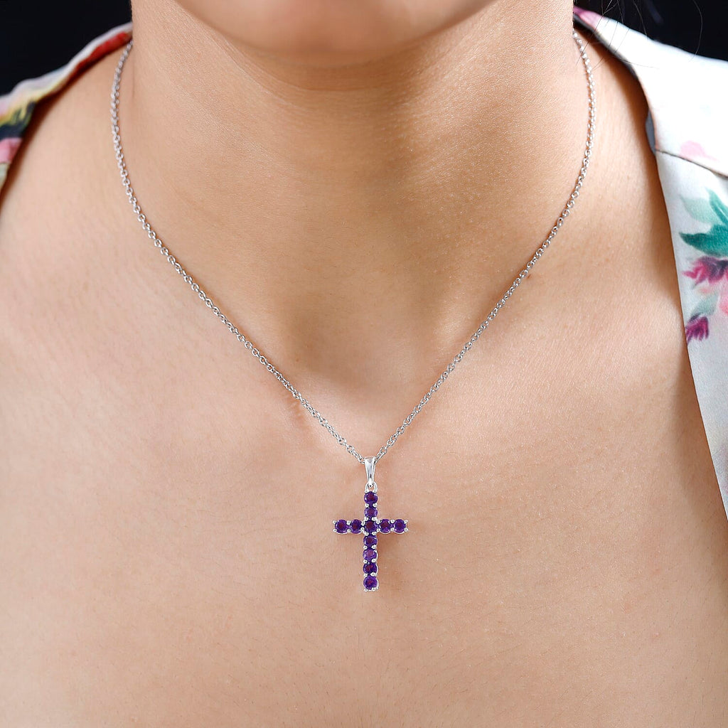 Amethyst Cross Sterling Silver Pendant with Chain (Size 20) 1.30 Ct.