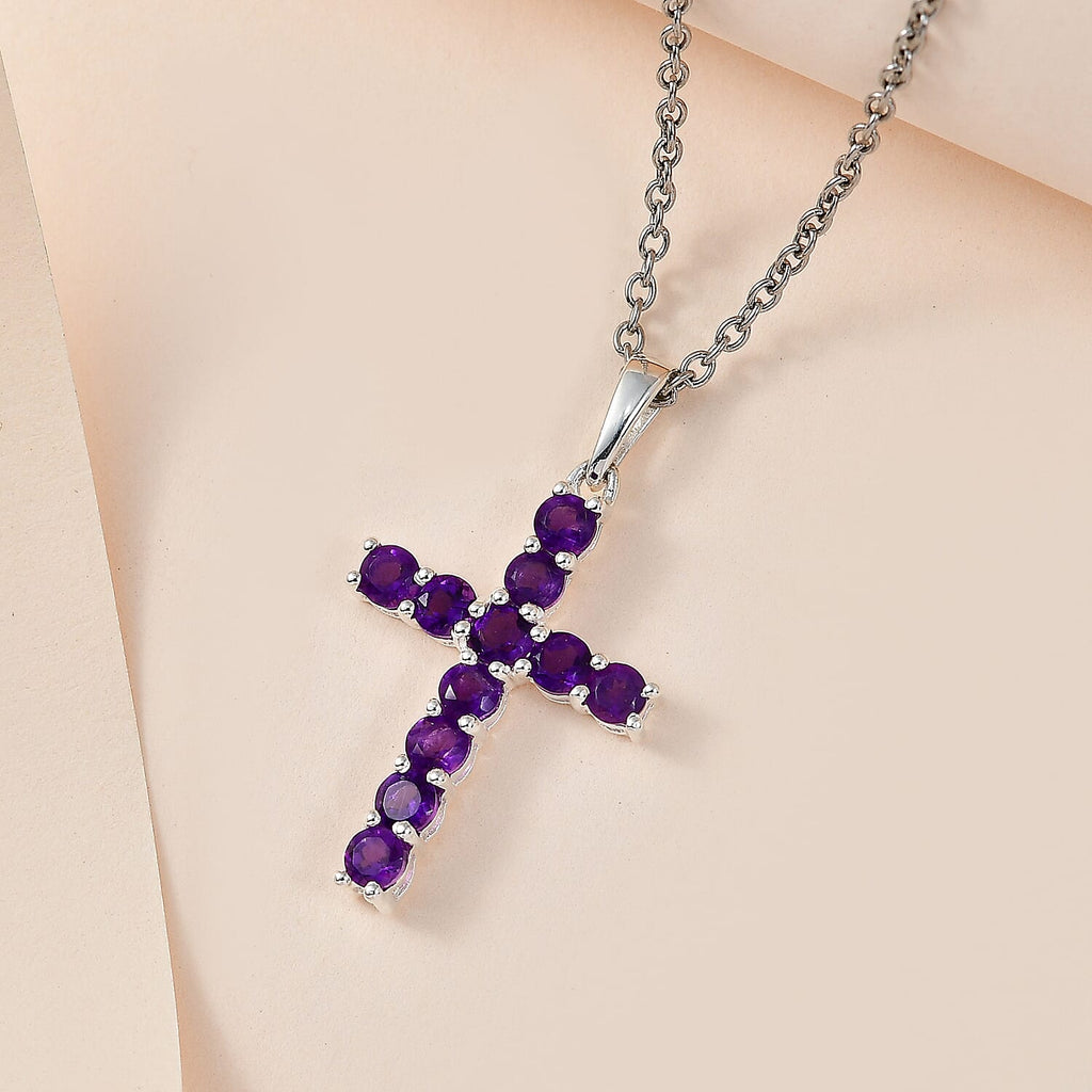Amethyst Cross Sterling Silver Pendant with Chain (Size 20) 1.30 Ct.