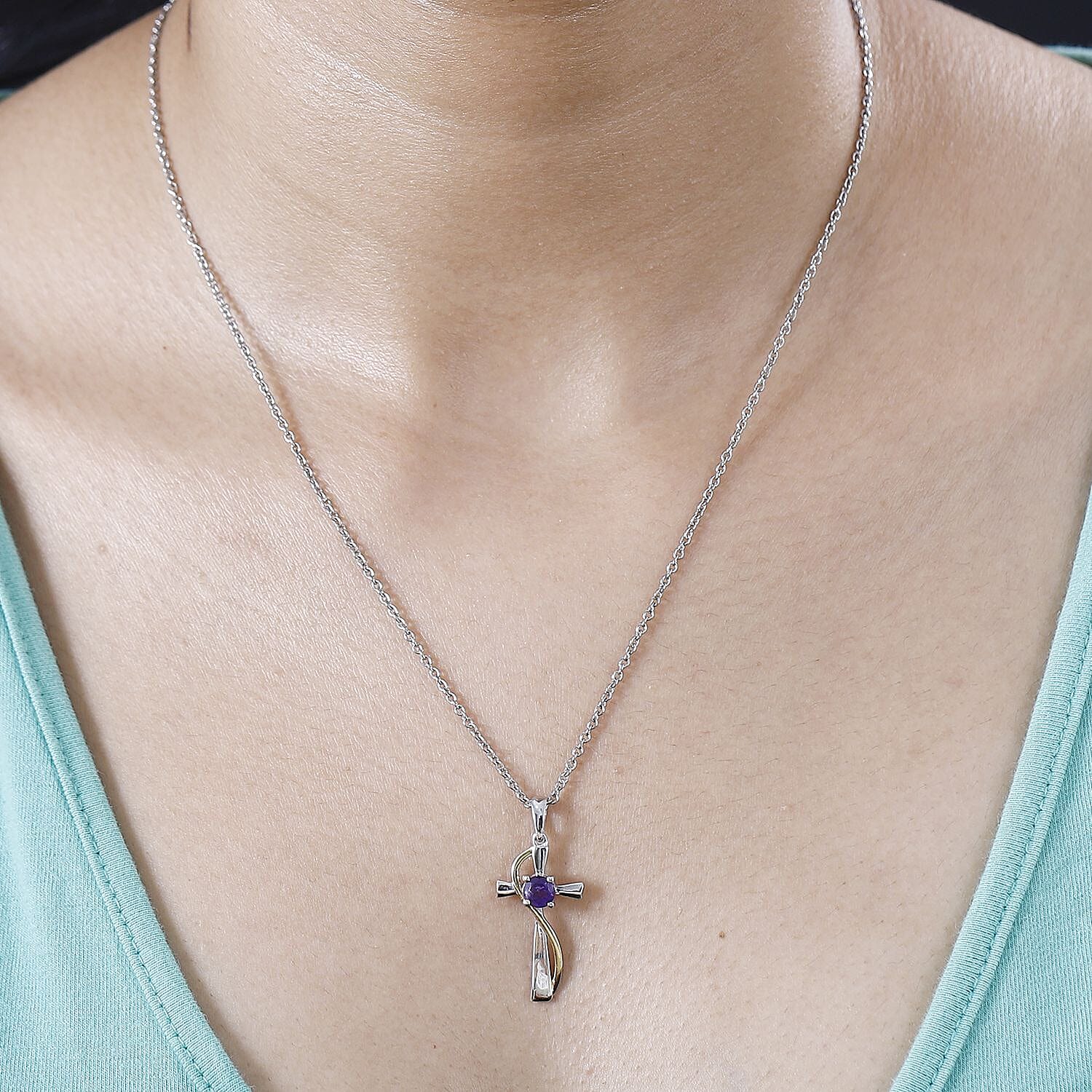 Amethyst Pendant with Stainless Steel Chain (Size 20) in Yellow Gold and Platinum Overlay Sterling Silver 4283024 2