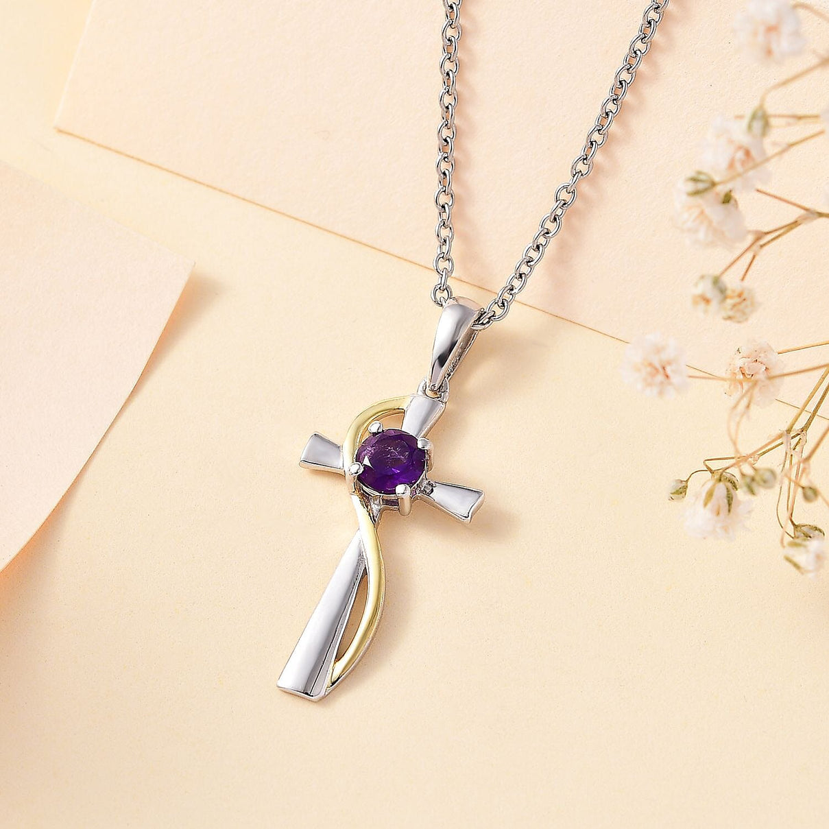 Amethyst Pendant with Stainless Steel Chain (Size 20) in Yellow Gold and Platinum Overlay Sterling Silver 4283024 3