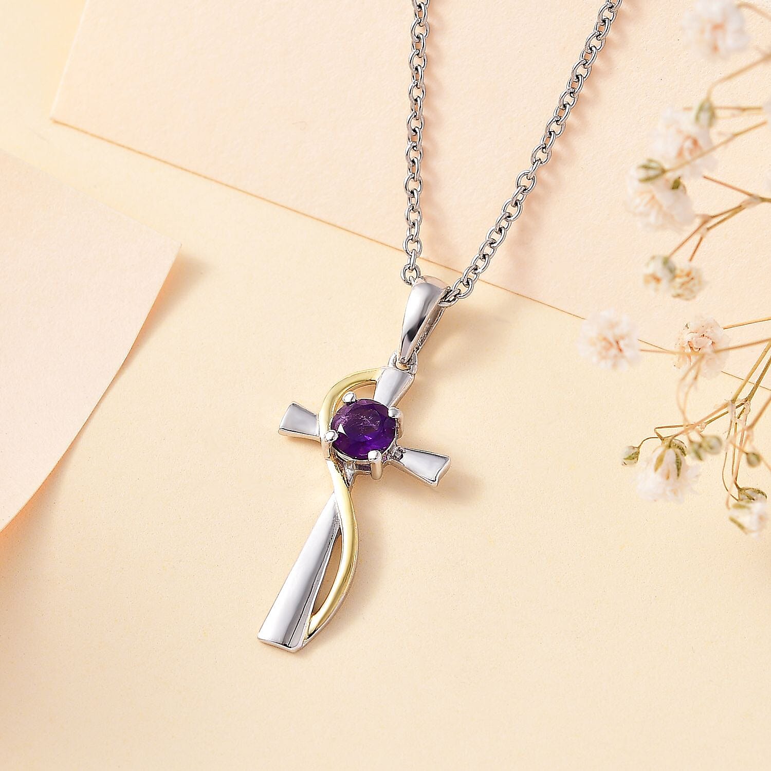 Amethyst Pendant with Stainless Steel Chain (Size 20) in Yellow Gold and Platinum Overlay Sterling Silver 4283024 3