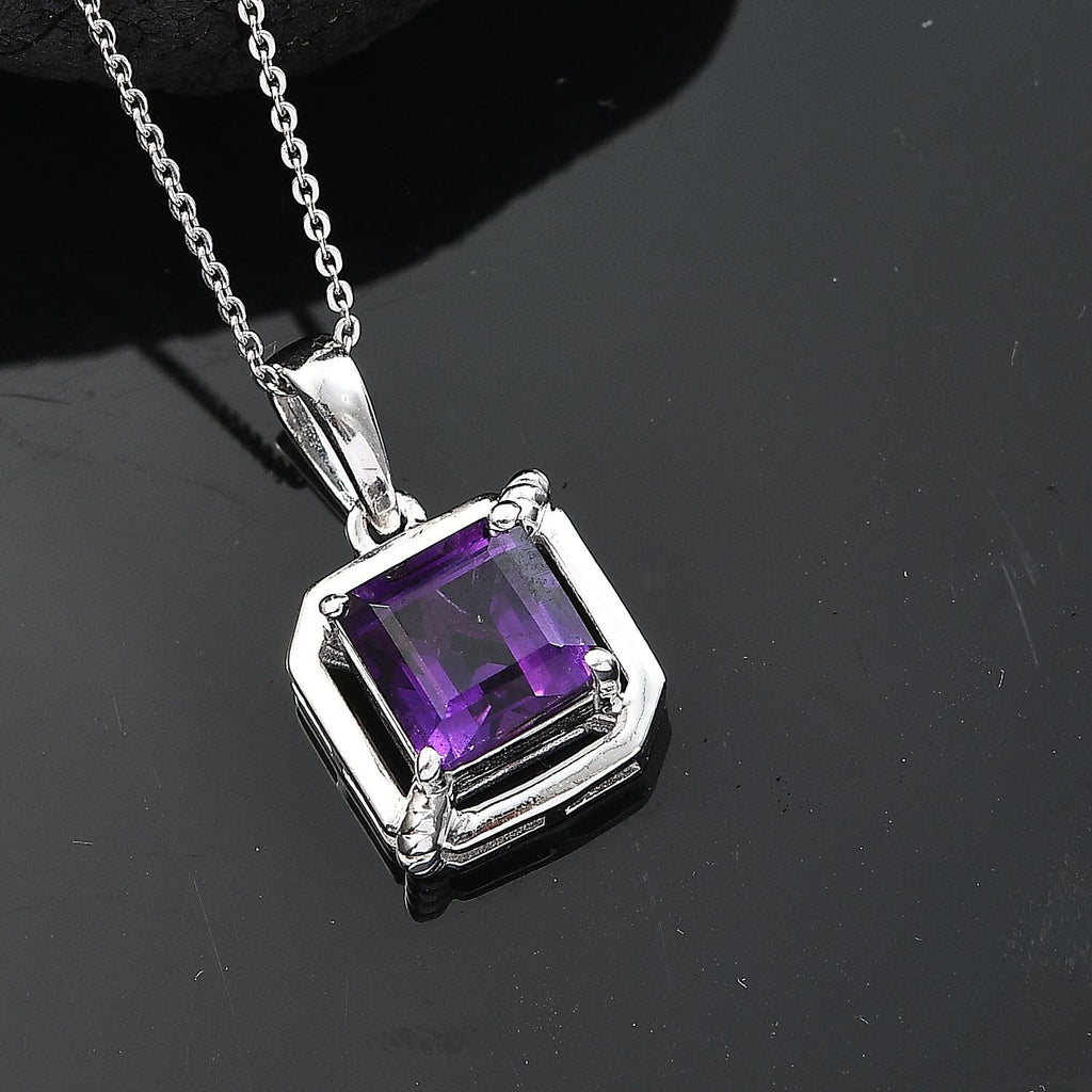 AAA African Amethyst Pendant with Chain (Size - 20) in Rhodium Overlay Sterling Silver 2.55 Ct.