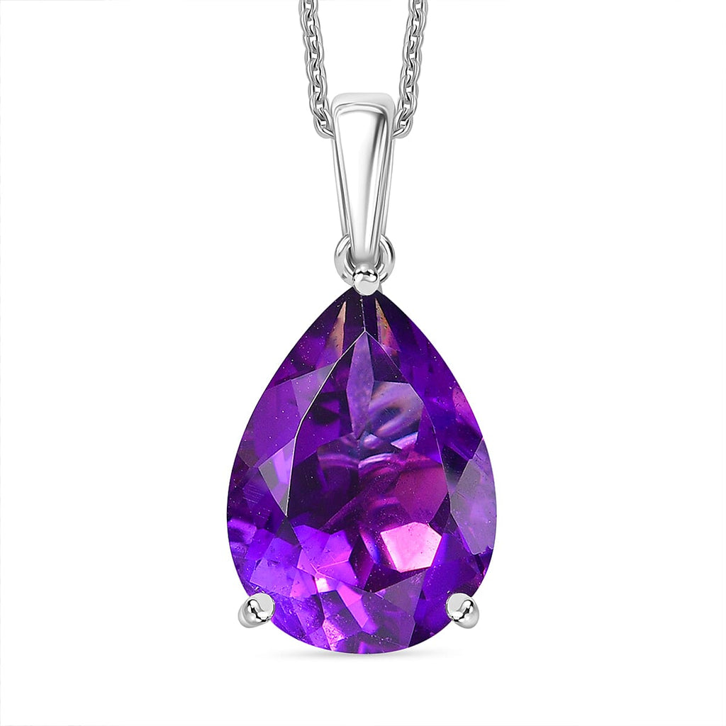 D'joy AAA African Amethyst Pendant with Chain (Size 20) in Rhodium Overlay Sterling Silver 11.33 Ct.