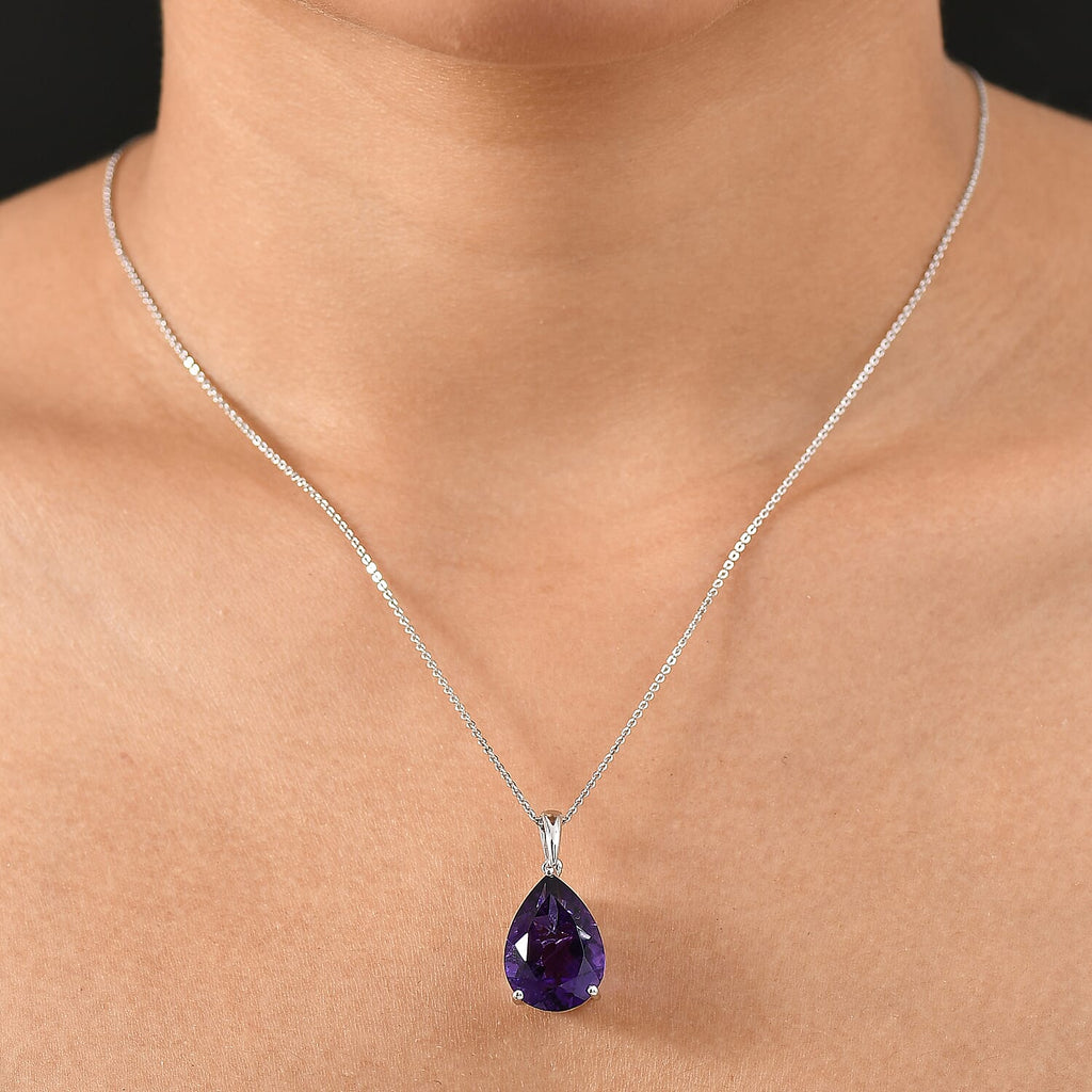 D'joy AAA African Amethyst Pendant with Chain (Size 20) in Rhodium Overlay Sterling Silver 11.33 Ct.