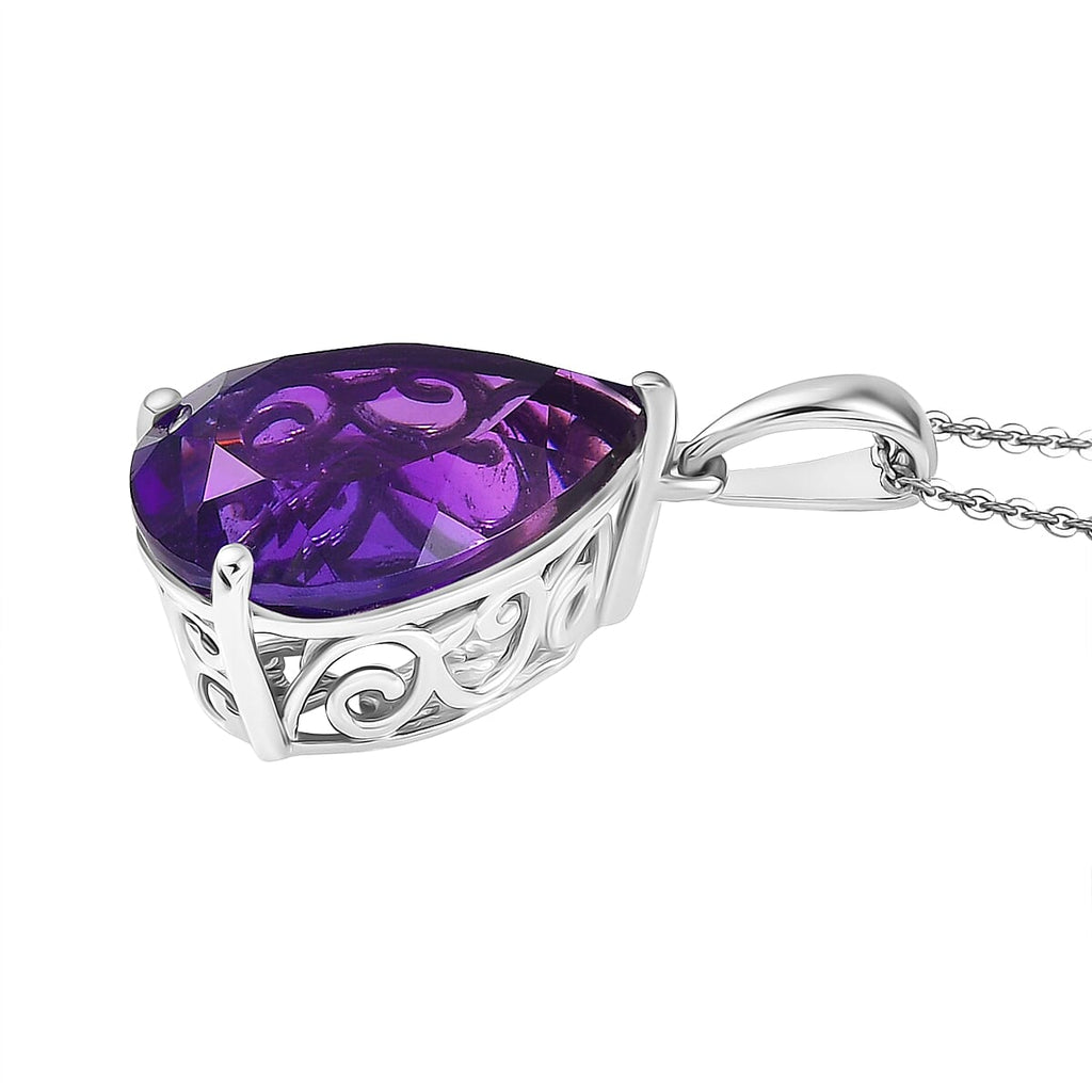 D'joy AAA African Amethyst Pendant with Chain (Size 20) in Rhodium Overlay Sterling Silver 11.33 Ct.