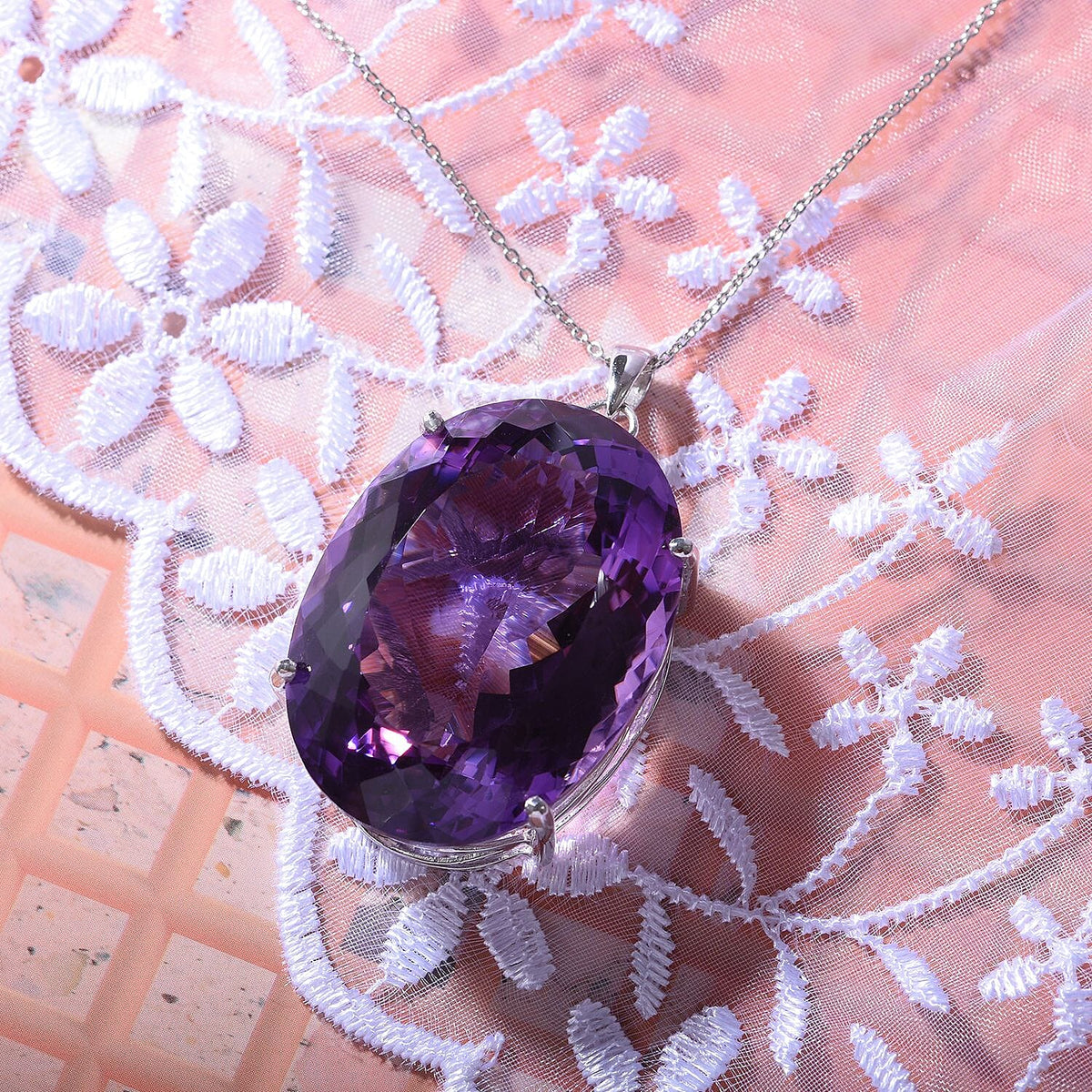 Amethyst Solitaire Pendant with Chain (Size 24) in Platinum Overlay Sterling Silver 4263705 1