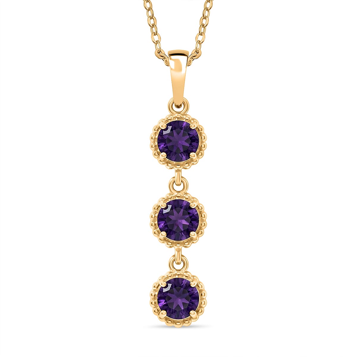D'Joy AAA African Amethyst Trilogy Pendant with Chain (Size 20) in Yellow Gold Plated Sterling Silver 1.39 Ct. 4455780 0