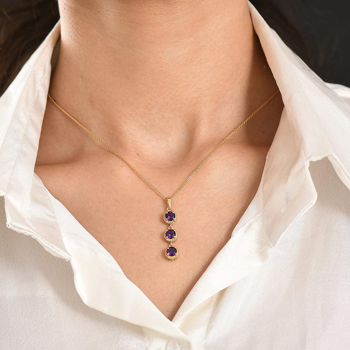 D'Joy AAA African Amethyst Trilogy Pendant with Chain (Size 20) in Yellow Gold Plated Sterling Silver 1.39 Ct. 4455780 2