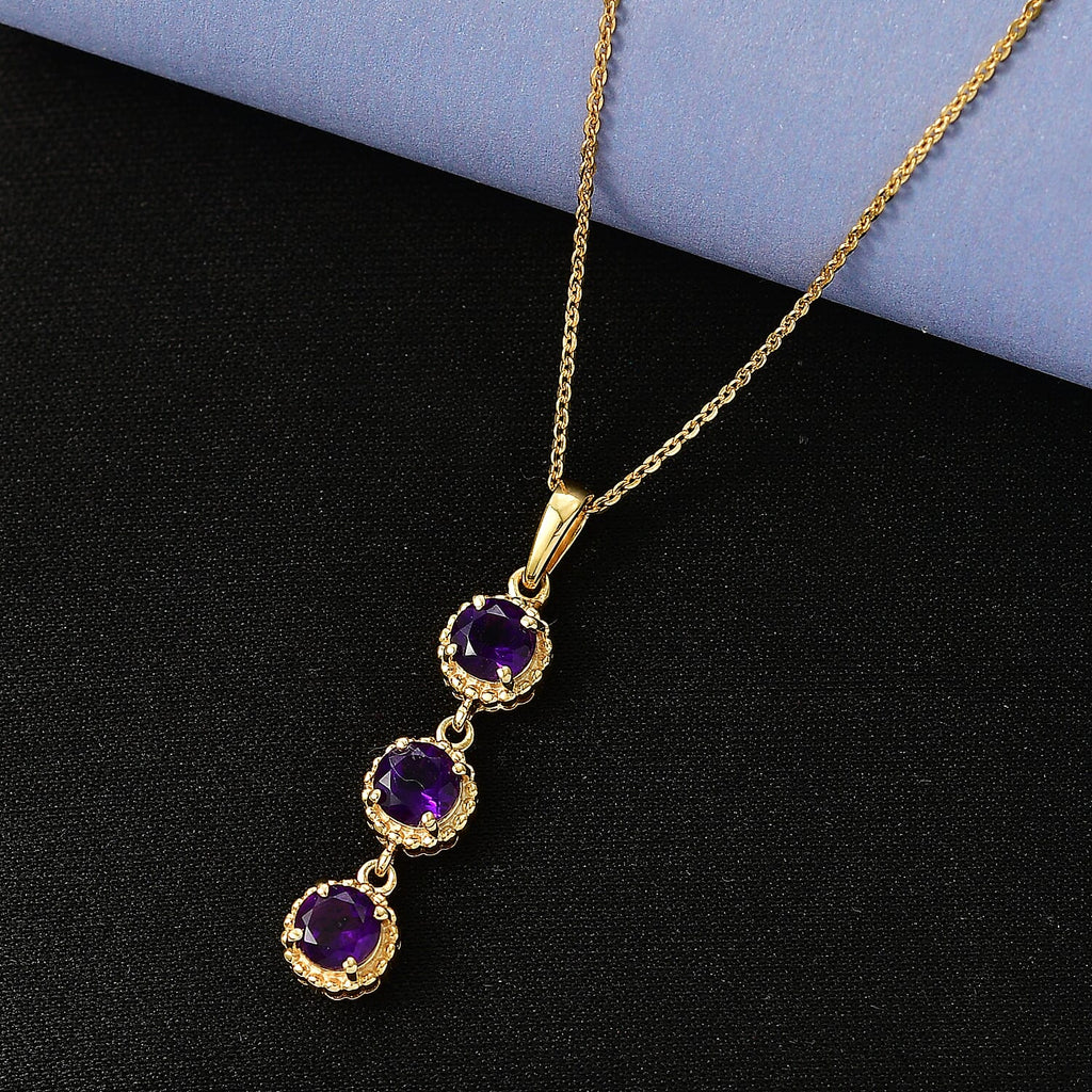 D'Joy AAA African Amethyst Trilogy Pendant with Chain (Size 20) in Yellow Gold Plated Sterling Silver 1.39 Ct.