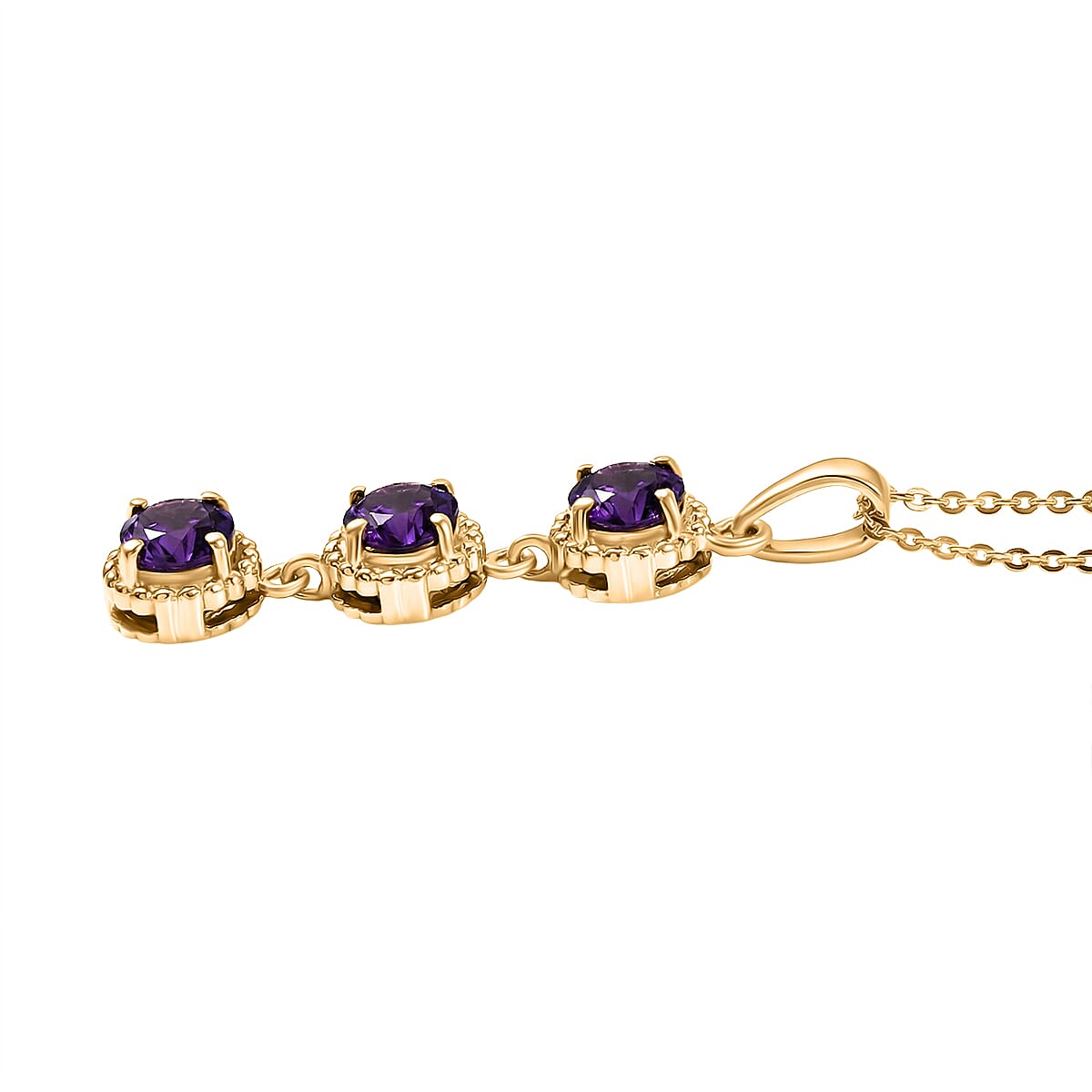 D'Joy AAA African Amethyst Trilogy Pendant with Chain (Size 20) in Yellow Gold Plated Sterling Silver 1.39 Ct. 4455780 4