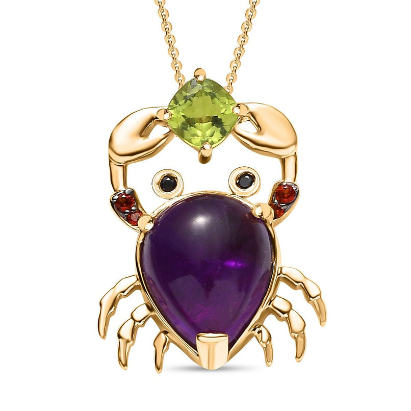 GP Italian Garden Collection - Amethyst and Multi Gemstone Crab Pendant with Chain (Size 20) in 18K Yellow Gold Vermeil Plated Sterling Silver