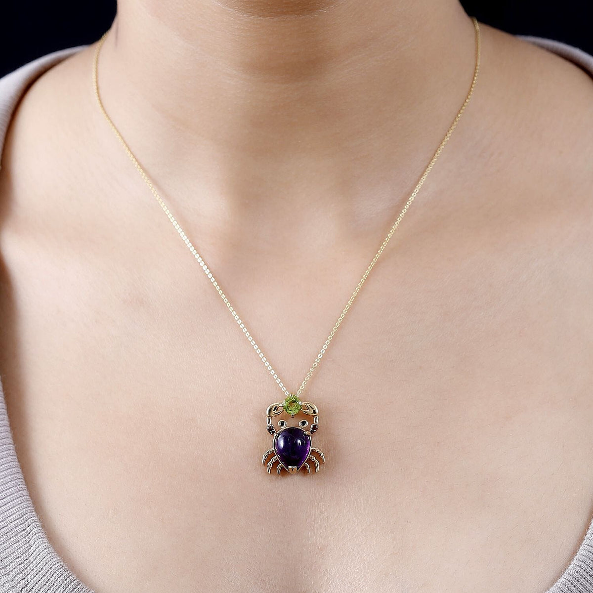 GP Italian Garden Collection - Amethyst and Multi Gemstone Crab Pendant with Chain (Size 20) in 18K Yellow Gold Vermeil Plated Sterling Silver 4281040 3
