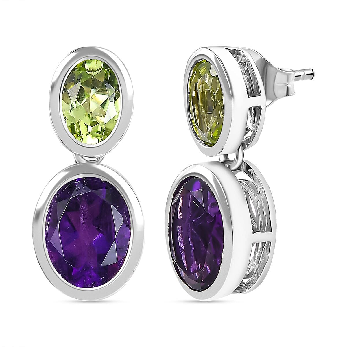 African Amethyst &amp; Peridot Solitaire Stud Push Post Earrings in Rhodium Overlay Sterling Silver 5.60 Ct. 8046629 0