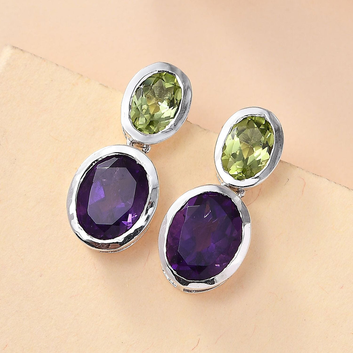 African Amethyst &amp; Peridot Solitaire Stud Push Post Earrings in Rhodium Overlay Sterling Silver 5.60 Ct. 8046629 2