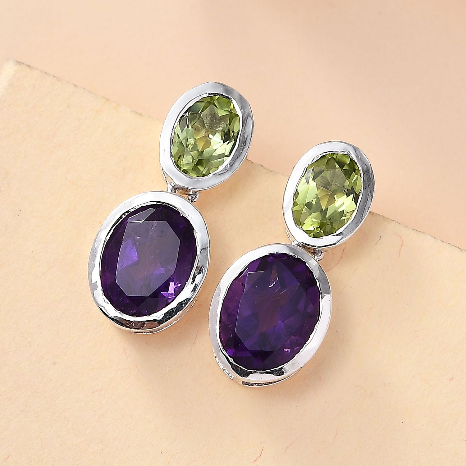 African Amethyst &amp; Peridot Solitaire Stud Push Post Earrings in Rhodium Overlay Sterling Silver 5.60 Ct. 8046629 2