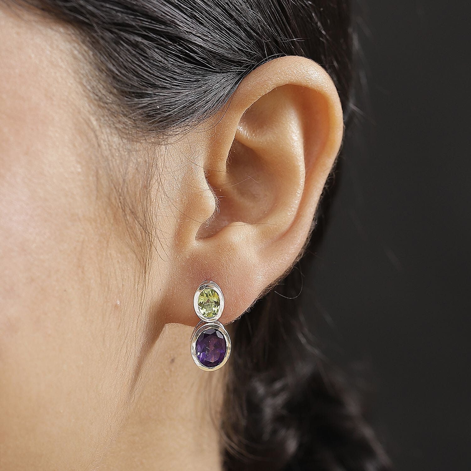 African Amethyst &amp; Peridot Solitaire Stud Push Post Earrings in Rhodium Overlay Sterling Silver 5.60 Ct. 8046629 3