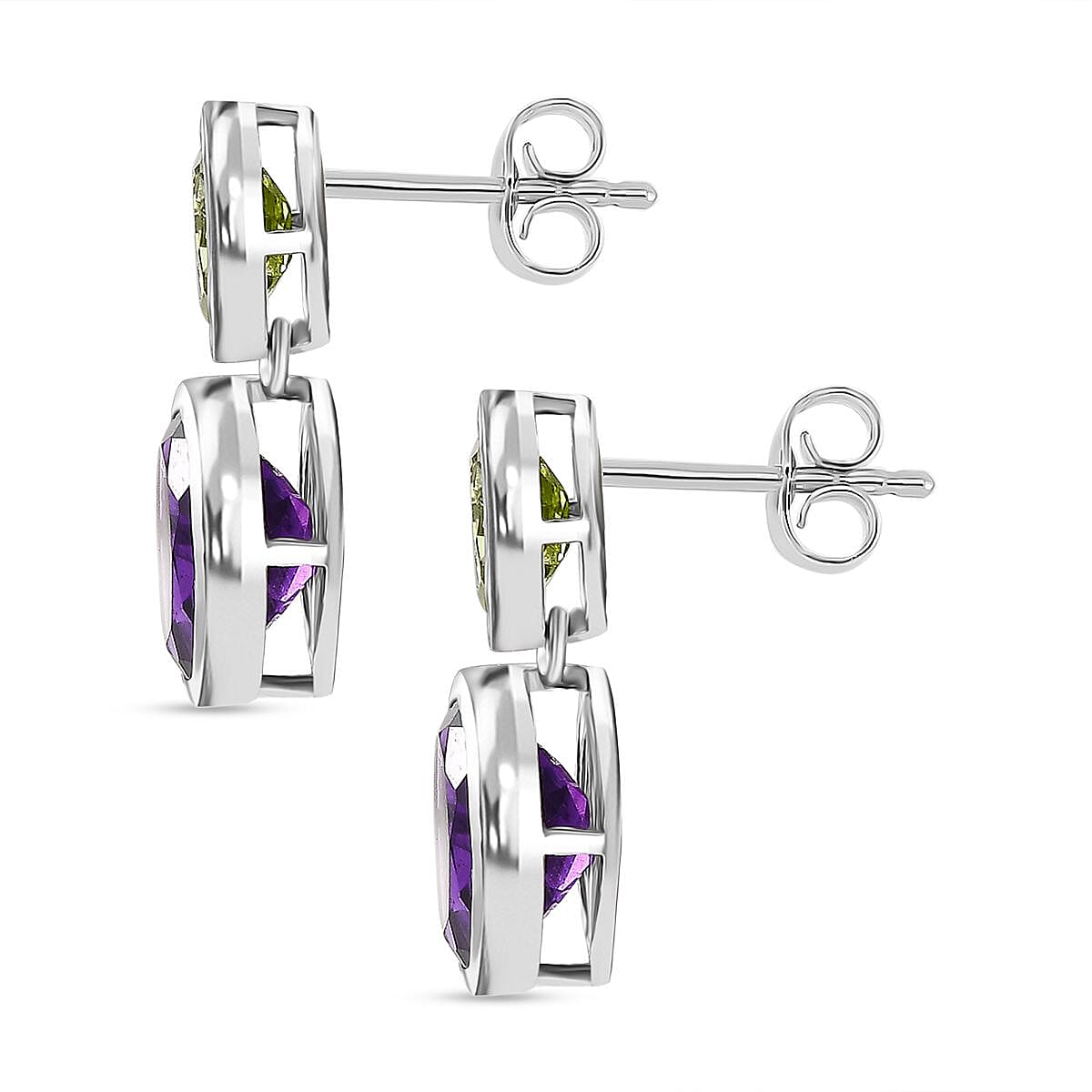 African Amethyst &amp; Peridot Solitaire Stud Push Post Earrings in Rhodium Overlay Sterling Silver 5.60 Ct. 8046629 4