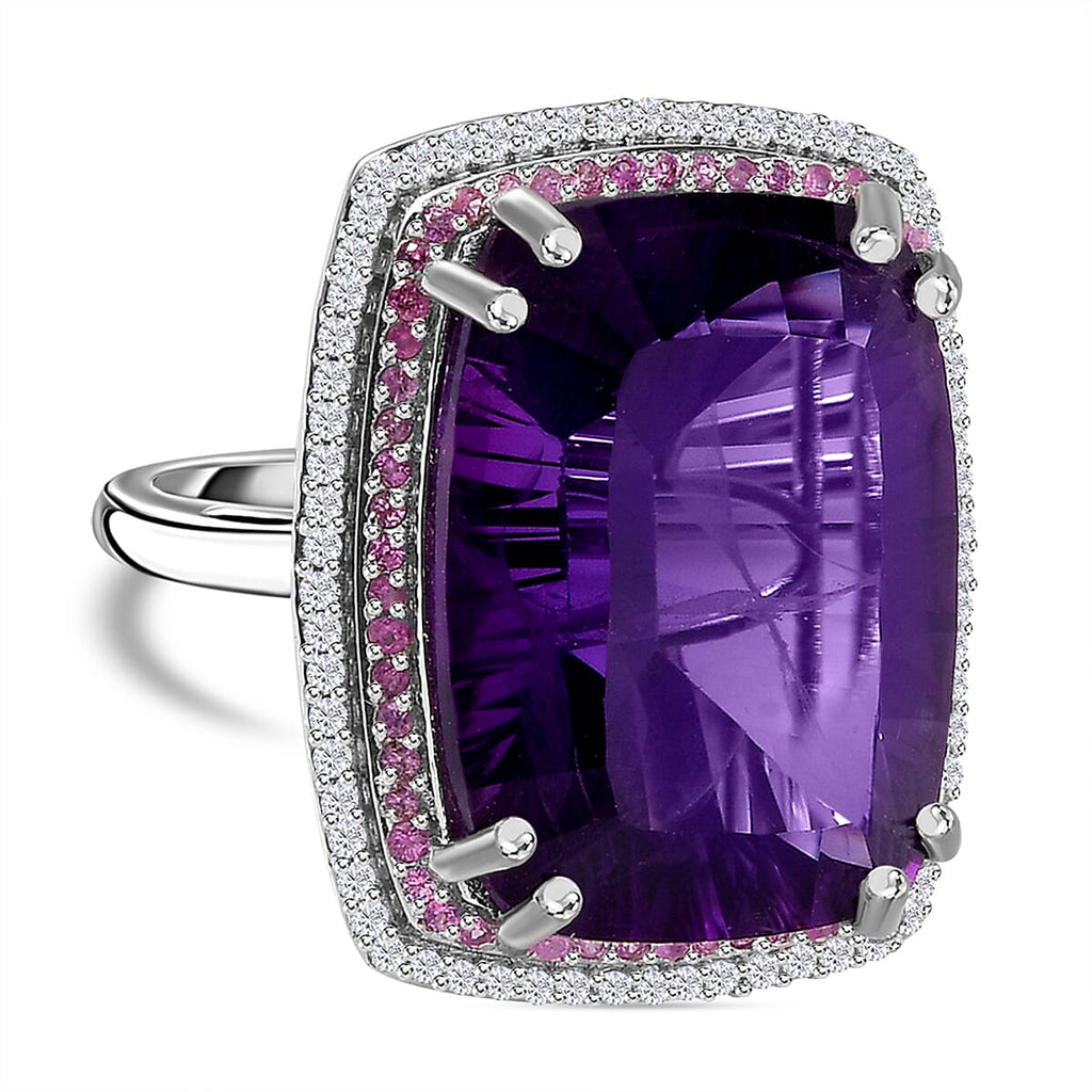 AAA Amethyst (Concave Cut), Pink Sapphire & Natural Zircon Ring in Platinum Overlay Sterling Silver 19.50 Ct