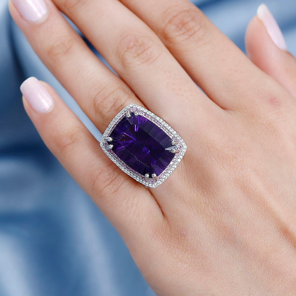 AAA Amethyst (Concave Cut), Pink Sapphire & Natural Zircon Ring in Platinum Overlay Sterling Silver 19.50 Ct