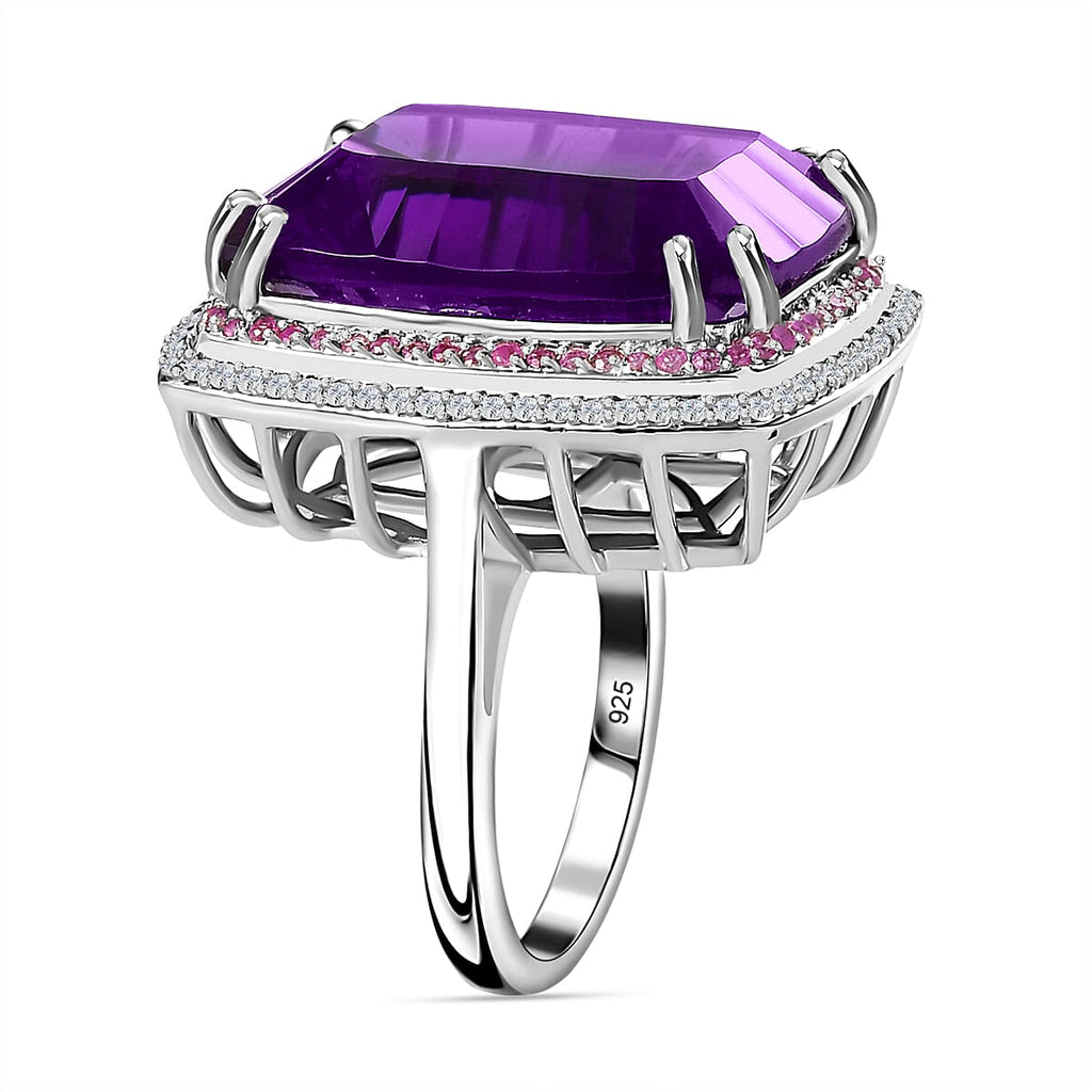 AAA Amethyst (Concave Cut), Pink Sapphire & Natural Zircon Ring in Platinum Overlay Sterling Silver 19.50 Ct